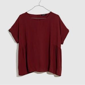 Madewell cuffed sleeve shirred top blouse shirt large red burgundy